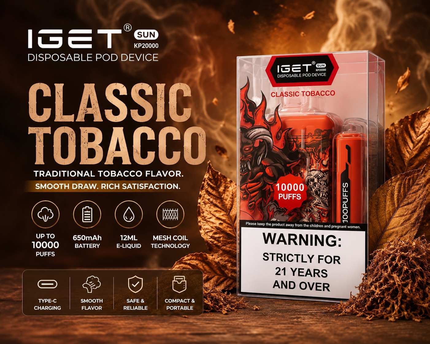 IGET SUN KP20000 Classic Tobacco — buy IGET disposable online in Delhi NCR